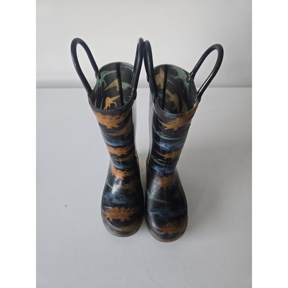 Western Chief Dino Stomp Light Up Rain Boots Kids Size 6 Black Dinosaur Pull On